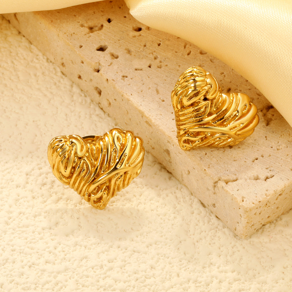 Textured Heart Stud Earrings 35*28mm / 18.4*15.1mm steel color / gold color
