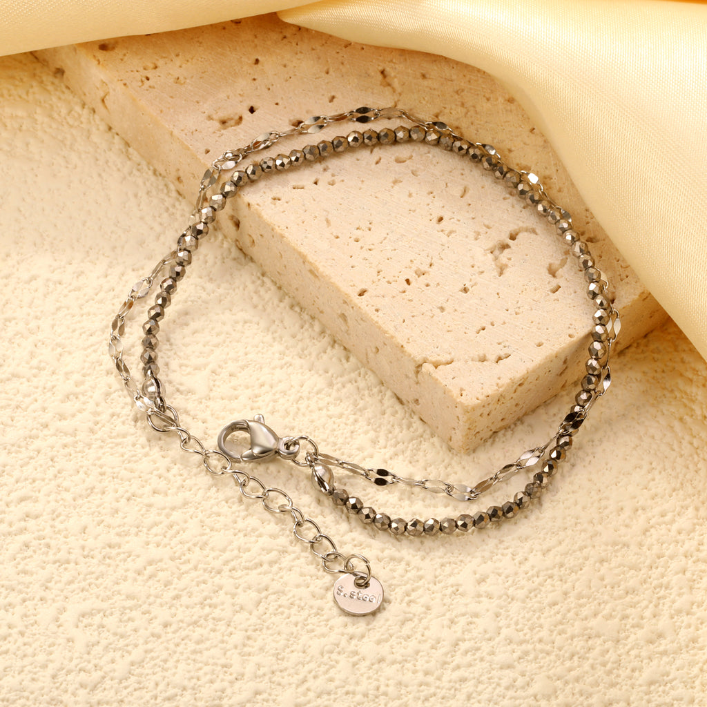 2.2mm mine black bead chain + lip chain 17+17+3cm+6mm round sign double chain bracelet steel/golden