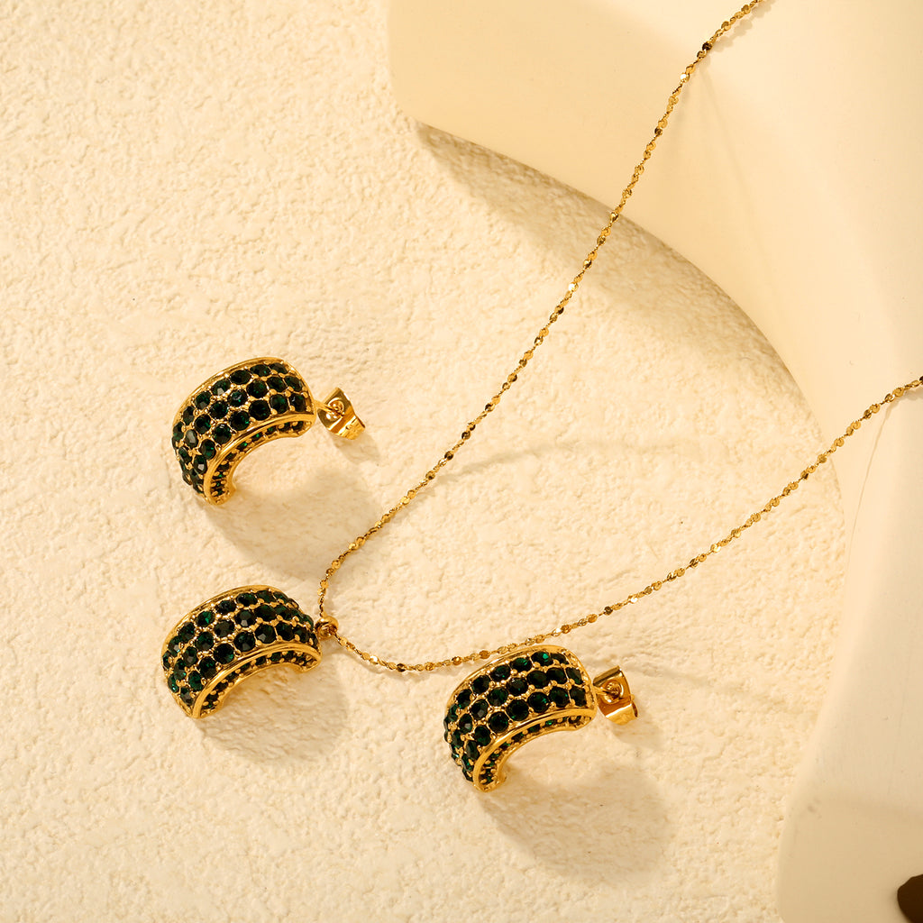 C-Shaped White Diamond/Emerald-Cut Diamond Set Gold Earrings/Pendant 0.3ct Cross-Cut Round Diamond 40+5cm Chain + 6mm Round Tag