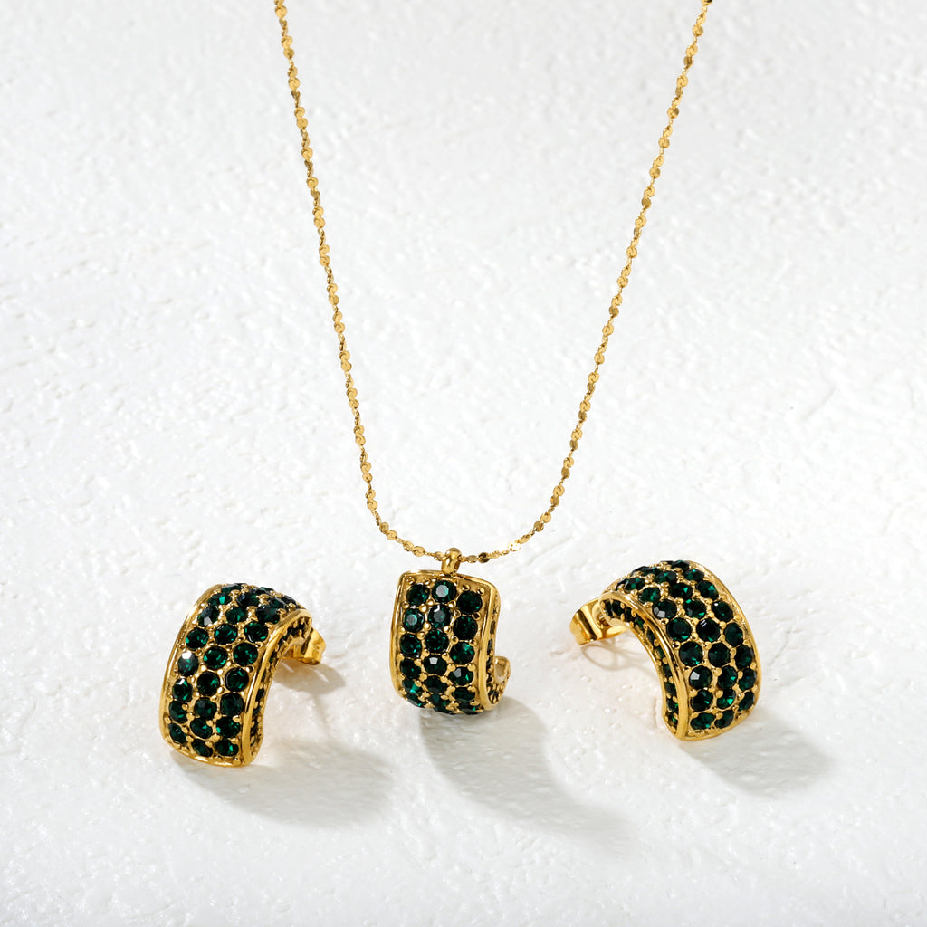 C-Shaped White Diamond/Emerald-Cut Diamond Set Gold Earrings/Pendant 0.3ct Cross-Cut Round Diamond 40+5cm Chain + 6mm Round Tag