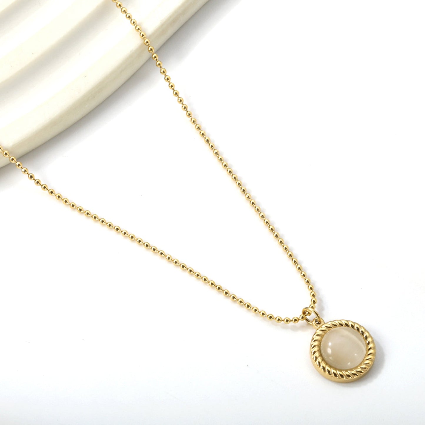 Round Twist Trim with White Cat's Eye Pendant 11.6mm Necklace 45+5cm asonjewelry