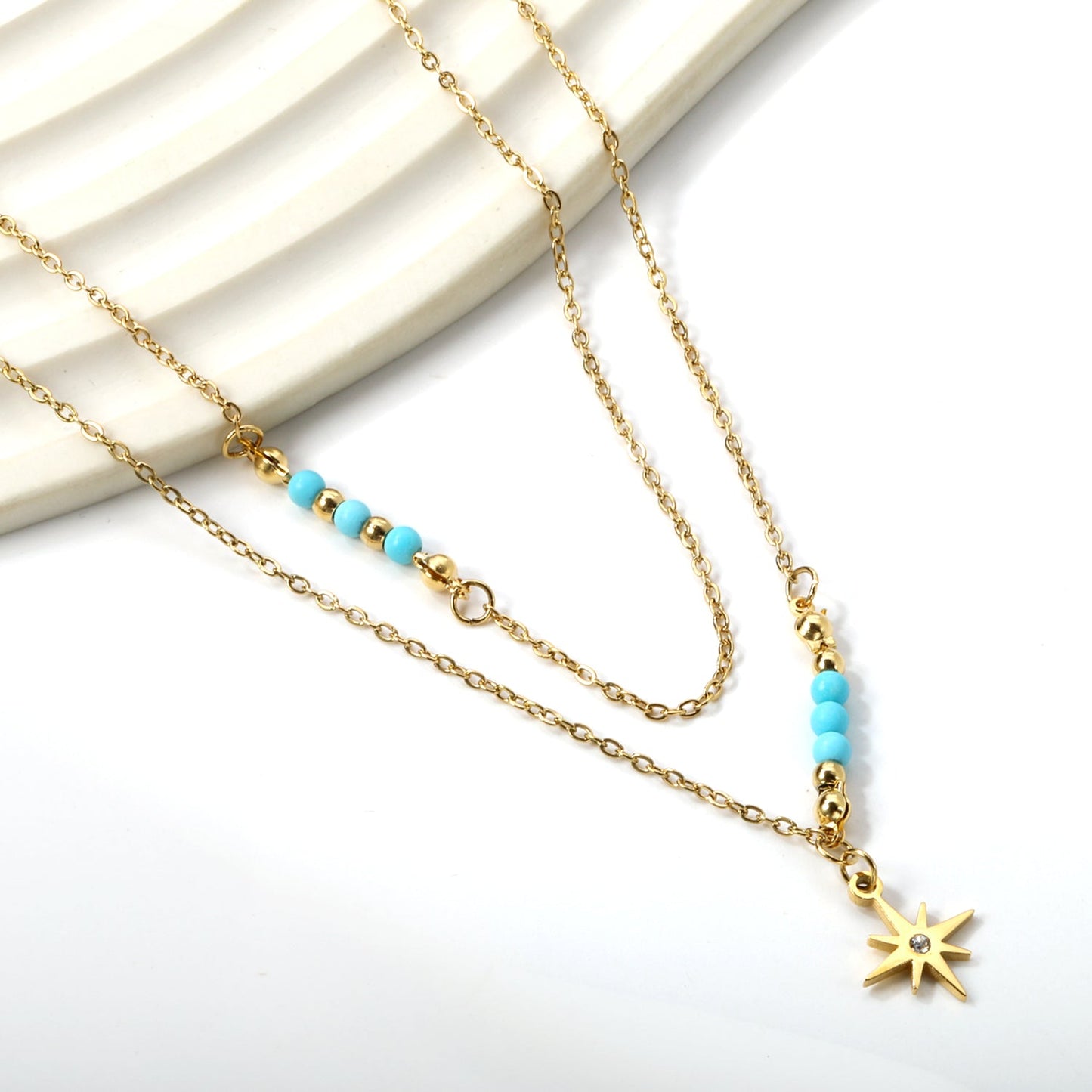 Octopus with diamonds accessories 12 * 12mm + 6 lake blue beads 3.2mm + 4 steel beads 3mm with chain double chain 45 + 38 + 5cm gold color asonjewelry