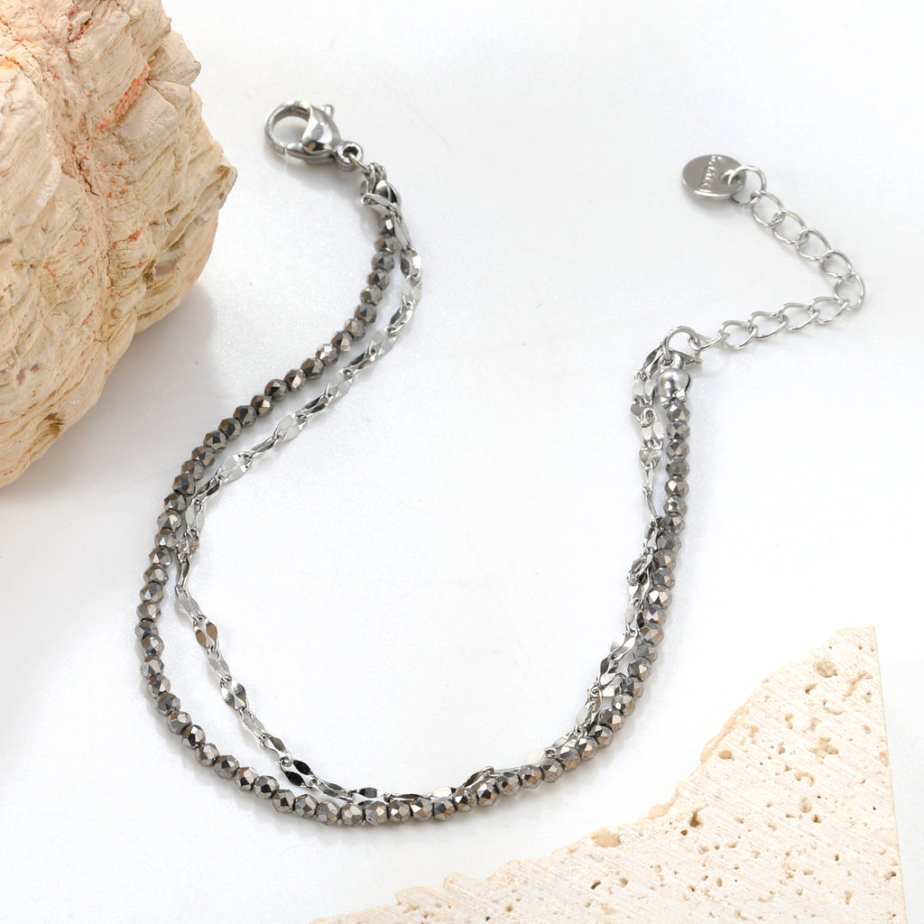 2.2mm mine black bead chain + lip chain 17+17+3cm+6mm round sign double chain bracelet steel/golden