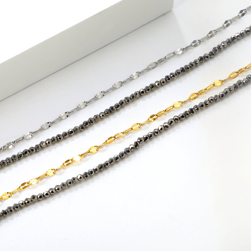 2.2mm mine black bead chain + lip chain 17+17+3cm+6mm round sign double chain bracelet steel/golden