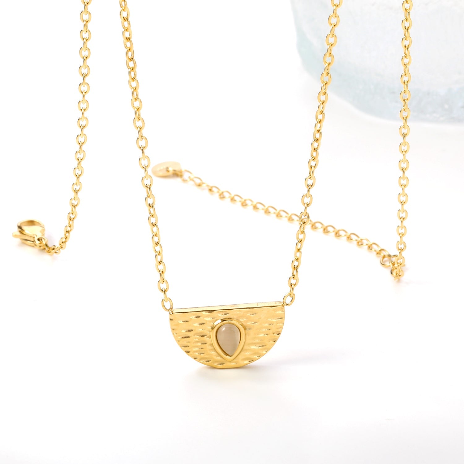 Semi-circle with teardrop white cat's eye pendant 20.3*11.6MM Necklace 45+5cm asonjewelry