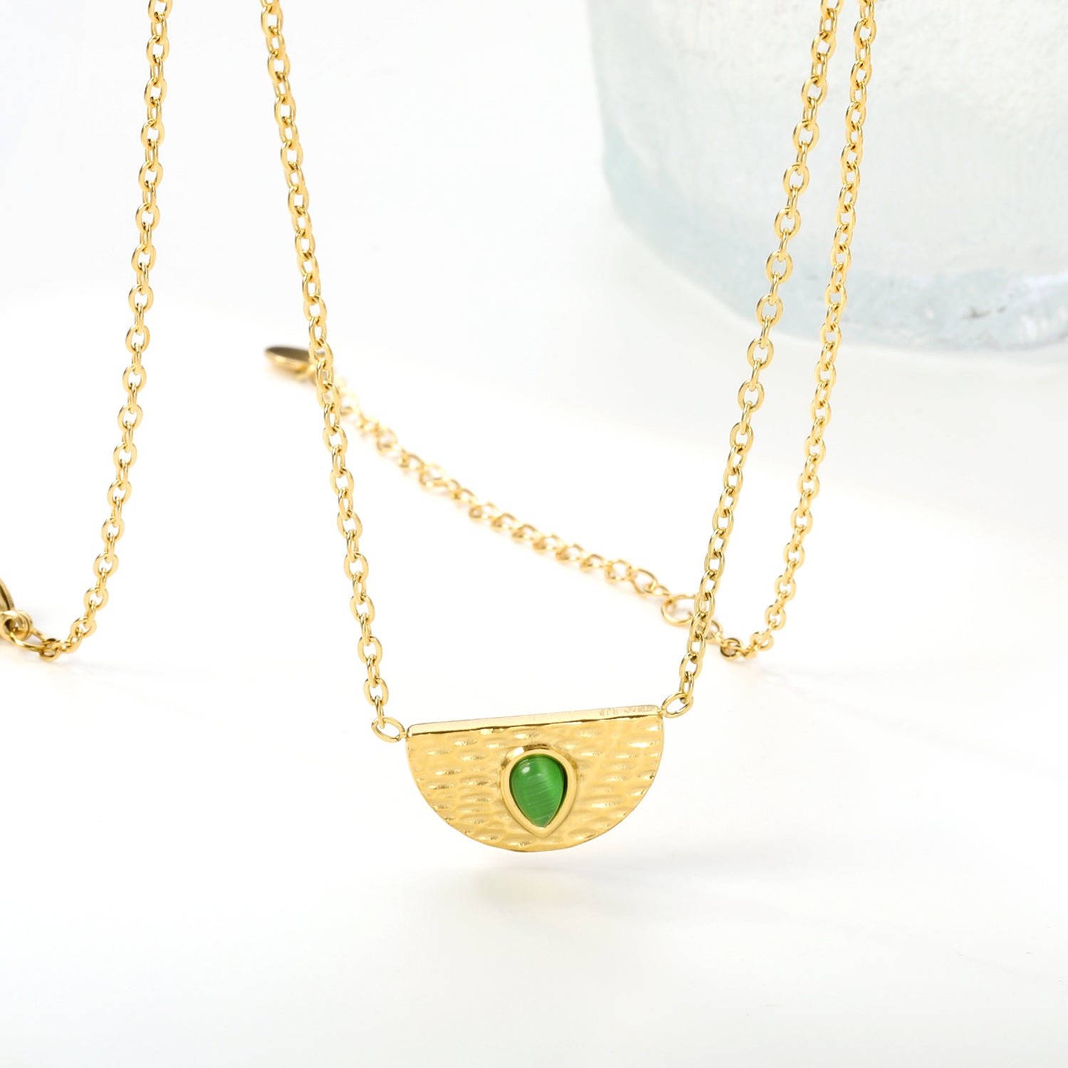 Semi-circle with teardrop green cat's eye pendant 20.3*11.6MM Necklace 45+5cm asonjewelry