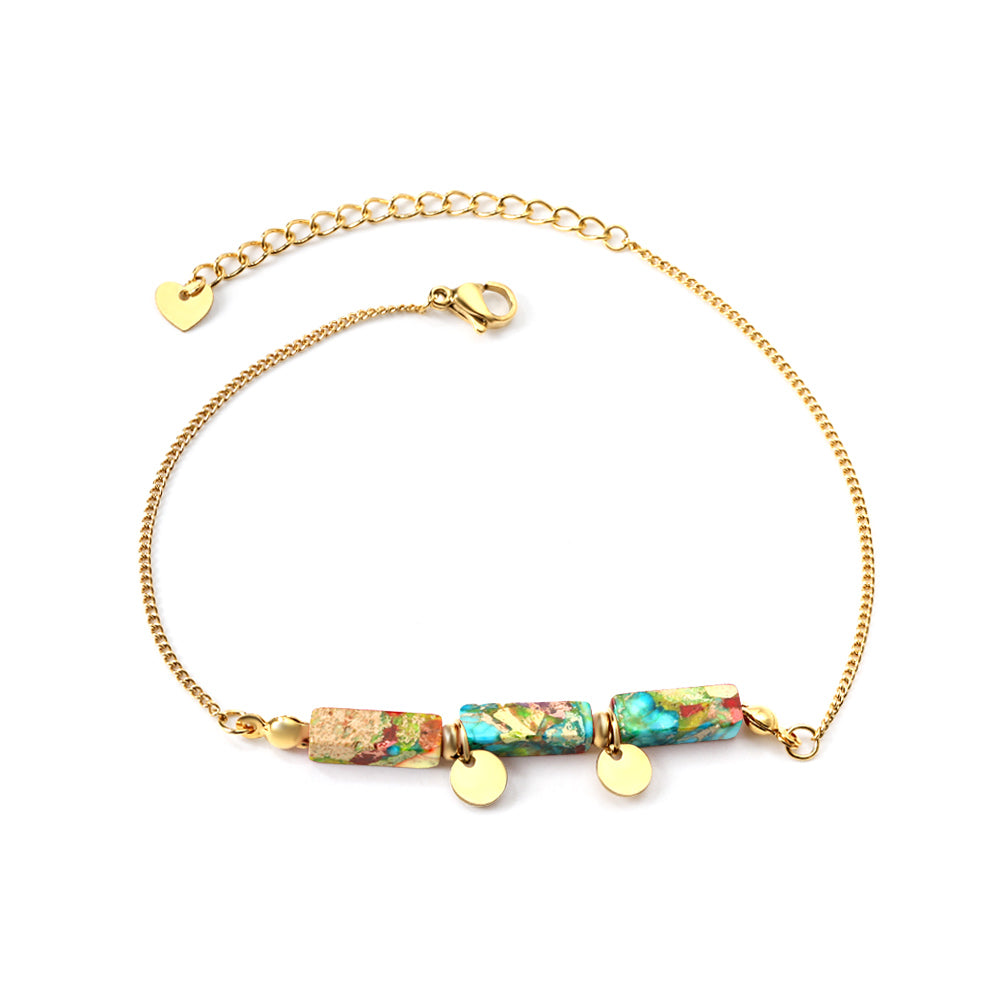 Aquamarine & Blue & Rose & Mixed 3 Rectangular Zirconias + 2 Round Anklets 21+5cm Gold asonjewelry