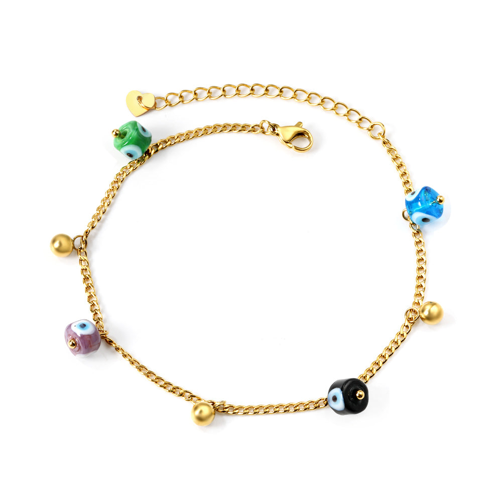 4 mixed color eye beads + 3 steel beads anklet 21+4cm gold color asonjewelry