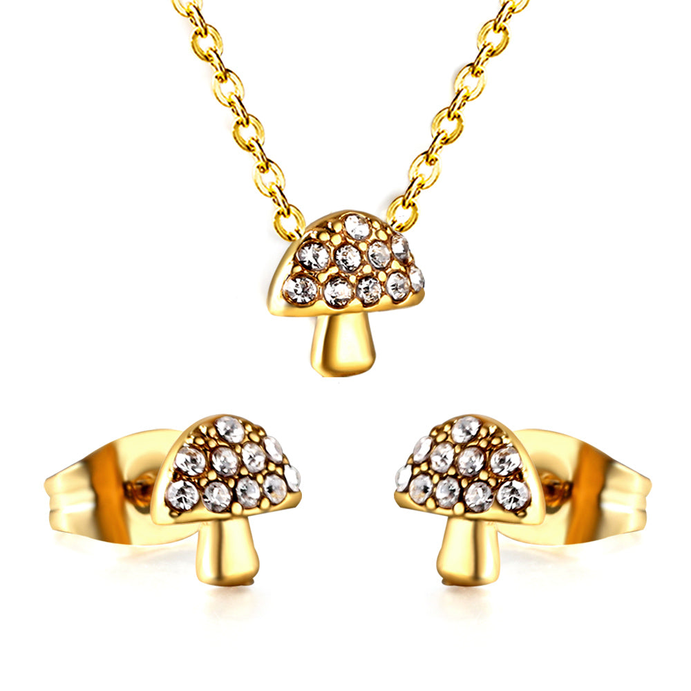 Mushroom Pendant with Diamond Jewelry Set Steel/Gold asonjewelry
