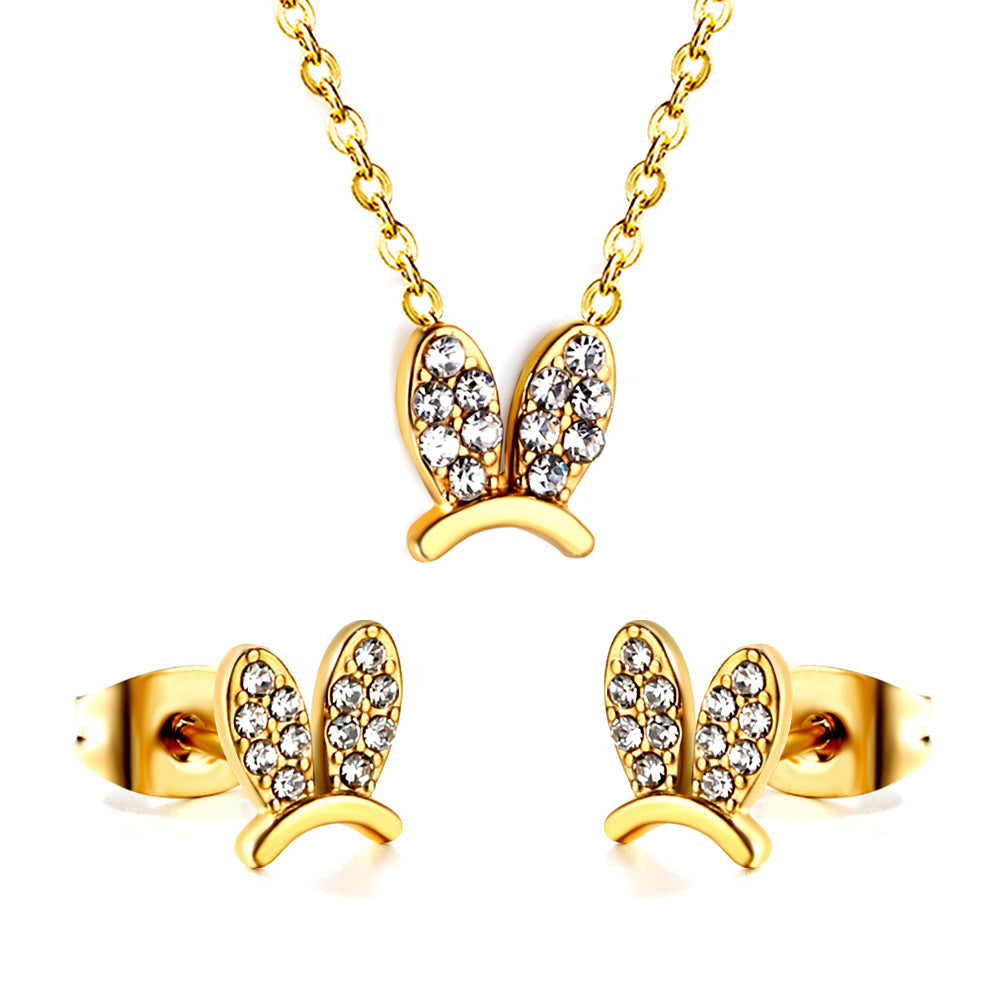 Rabbit Headdress Pendant with Diamonds Jewelry Set Steel/Gold asonjewelry