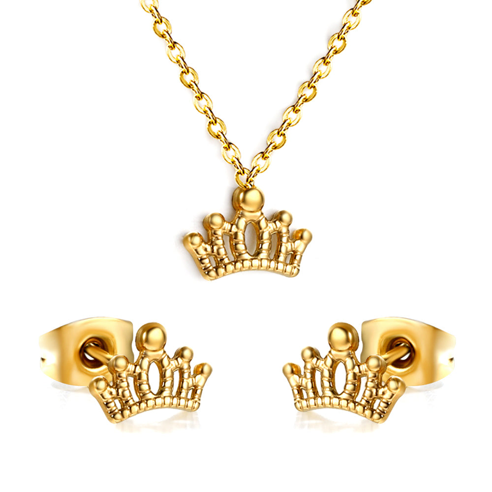 Gold/Steel Polished Crown Shape Jewelry Set asonjewelry