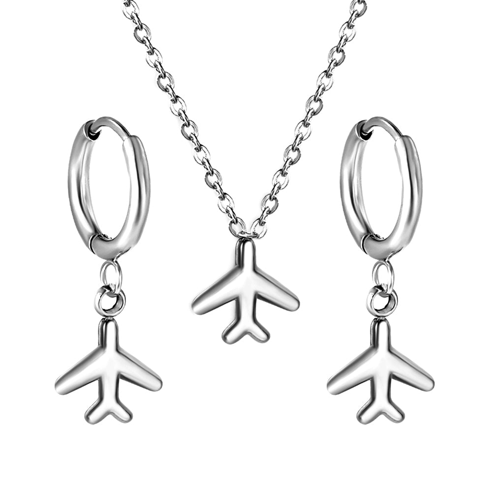 Airplane Pendant Jewelry Set Steel/Gold asonjewelry