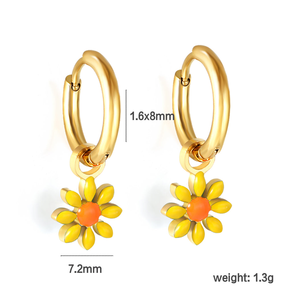 1.6x Inside Diameter 8mm Circle with 7.2mm Black & Green & Yellow & Red & Blue Daisy Earrings