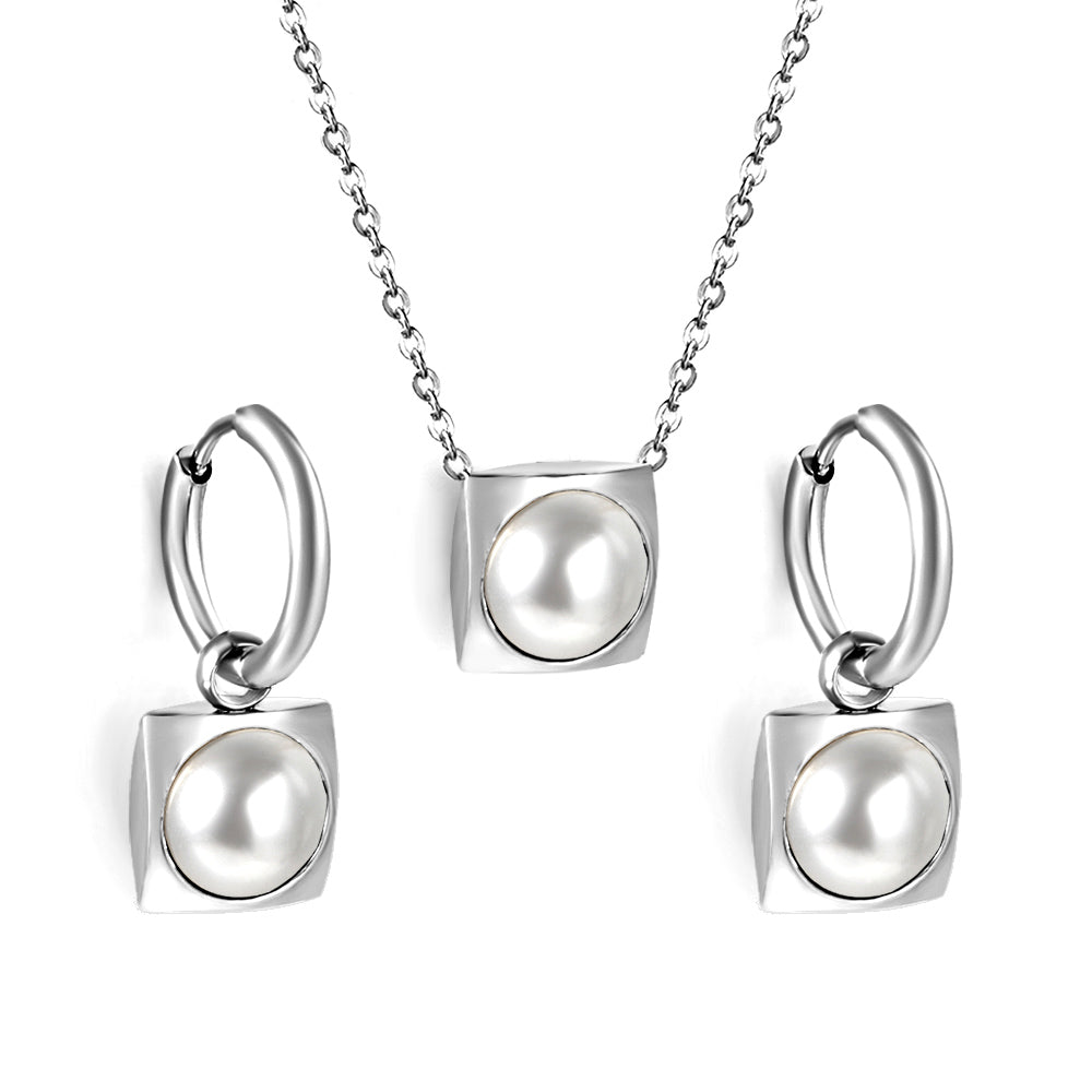 Square with White Pearls & White Diamonds & Red Diamonds & Blue Diamonds & Kong Blue Diamonds Jewelry Set Steel / Gold asonjewelry