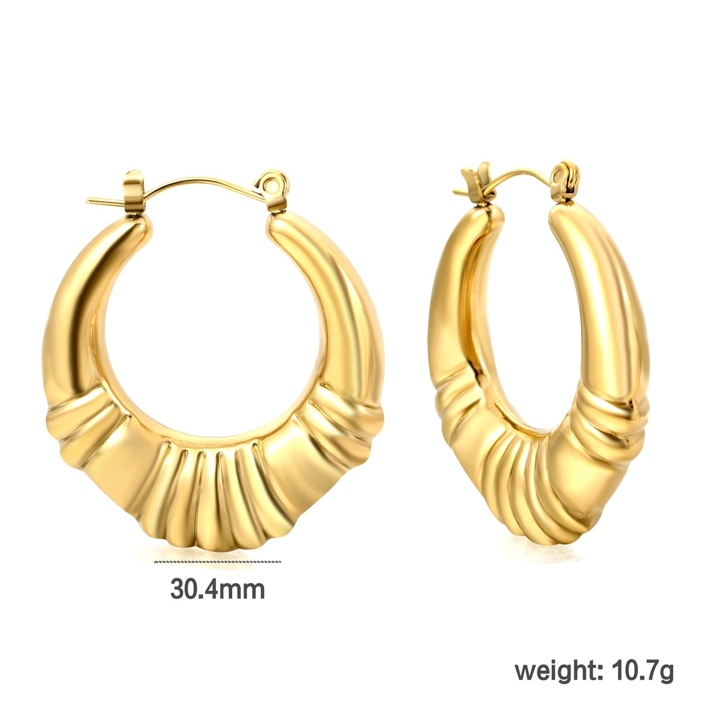 Hollow fat oval three-section striped gold-colored ear clips 30.4mm asonjewelry