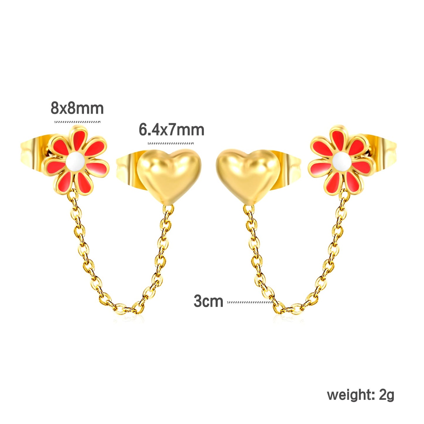 8mm Safflower+6.4*7mm Heart+03 Cross Chain 30mm Accessories Earrings Gold color asonjewelry
