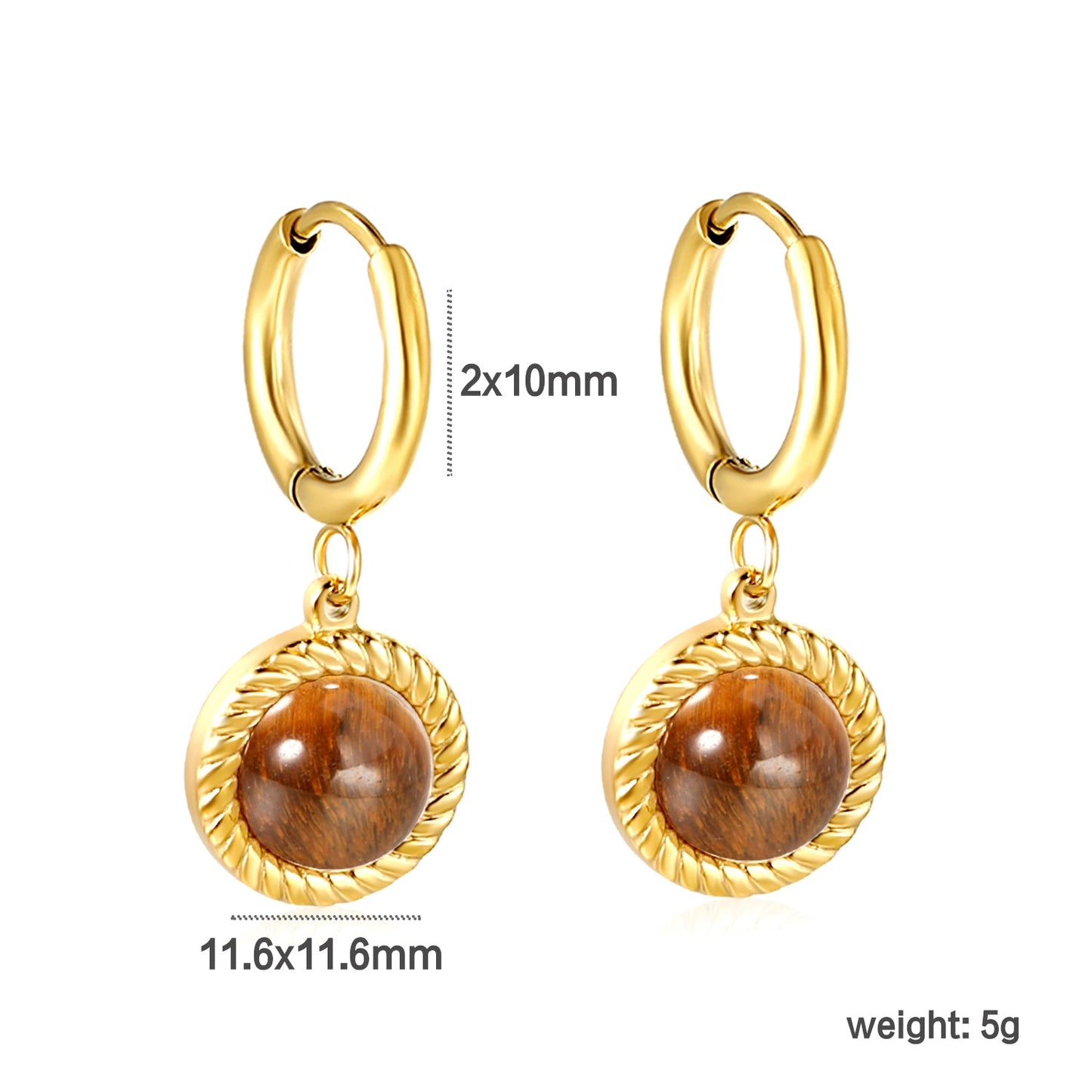 2*10mm I.D. earrings+11.6mm round twisted edge with half tiger's eye/half white pearl earrings gold/steel color asonjewelry