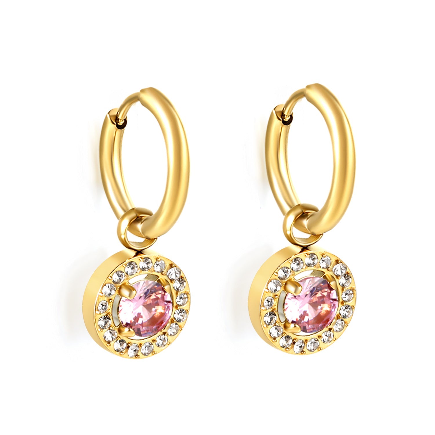 Wire 2*14mm O.D. earrings + 9.7mm round pink zirconia/emerald green glass + CNC drilling white zirconium hoop fittings Gold color asonjewelry