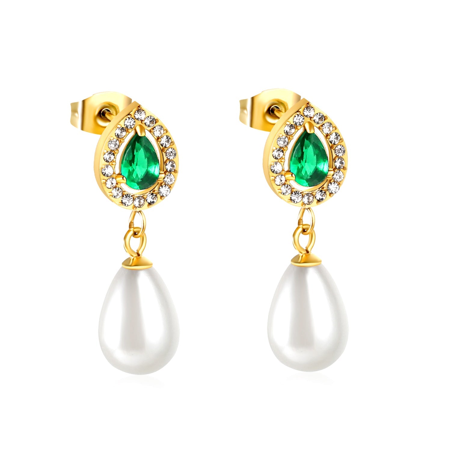 8.6*10.8mm teardrop shaped emerald green glass + CNC set white zirconium ring + 8.5*12mm teardrop shaped white imitation pearl fittings Earrings gold color asonjewelry