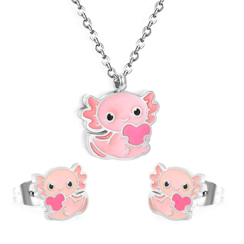 Little Monster Set Steel Color Earrings:10*8.5mm Pendant:12*10mm0.3 Cross Chain*40+5cm+6mm Round Plaque