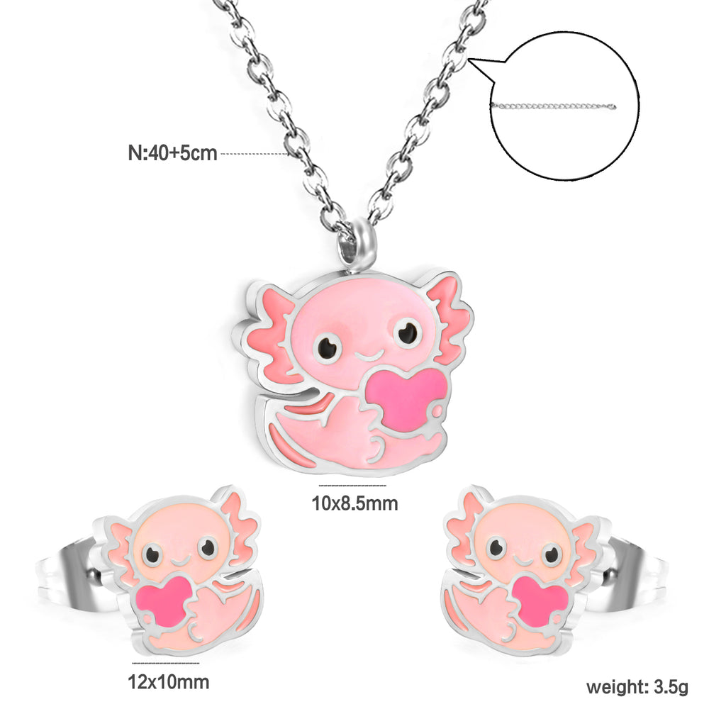 Little Monster Set Steel Color Earrings:10*8.5mm Pendant:12*10mm0.3 Cross Chain*40+5cm+6mm Round Plaque