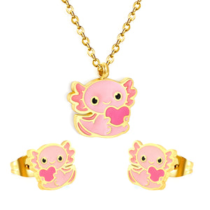 Little Monster Set Steel Color Earrings:10*8.5mm Pendant:12*10mm0.3 Cross Chain*40+5cm+6mm Round Plaque