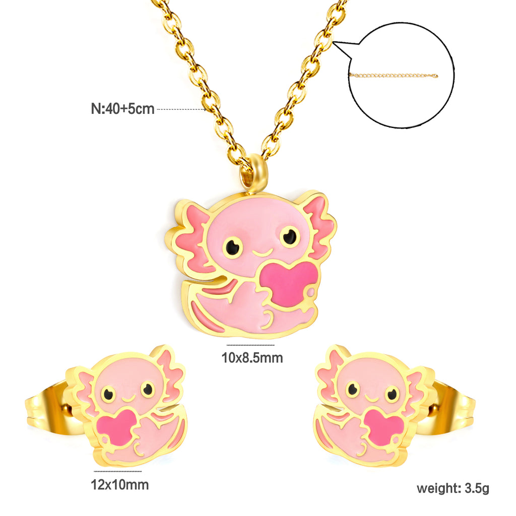 Little Monster Set Steel Color Earrings:10*8.5mm Pendant:12*10mm0.3 Cross Chain*40+5cm+6mm Round Plaque