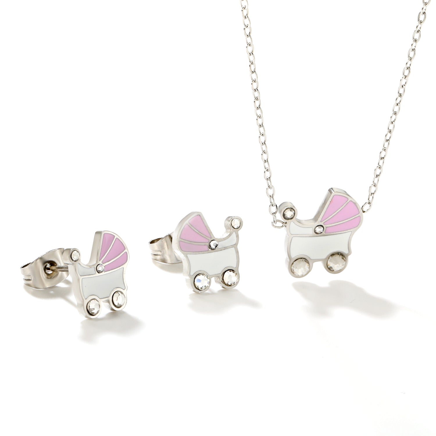 Pink and white rocking bed oil-dripping set with diamonds. Earrings: 9.8 x 10mm. Pendant: 10.5 x 12mm. 0.3mm cross chain 42+5cm + 6mm round pendant. Gold/steel color. asonjewelry