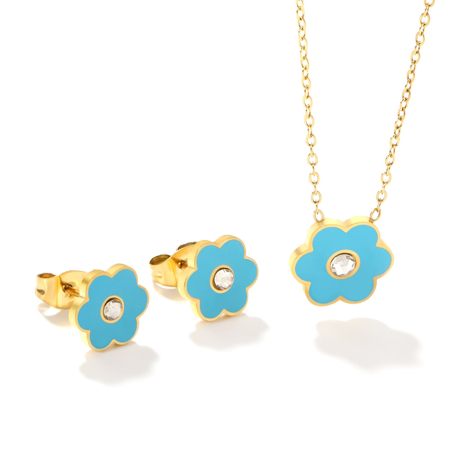Pink/Light Blue Flower Drip Oil with Diamond Set Gold Earring: 9x10mm Pendant: 12x12mm 0.3mm Cross Chain 40+5cm + 6mm Round Pendant asonjewelry