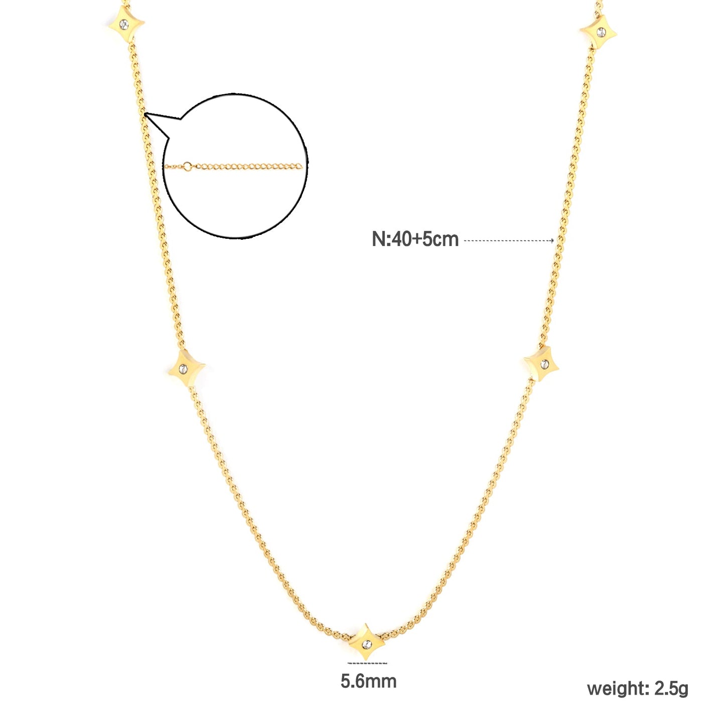 5.6mm Four-pointed Star Sticky White Zirconium Accessory 1.1mm S Chain*40+5cm+6mm Round Plaque Necklace Golden asonjewelry