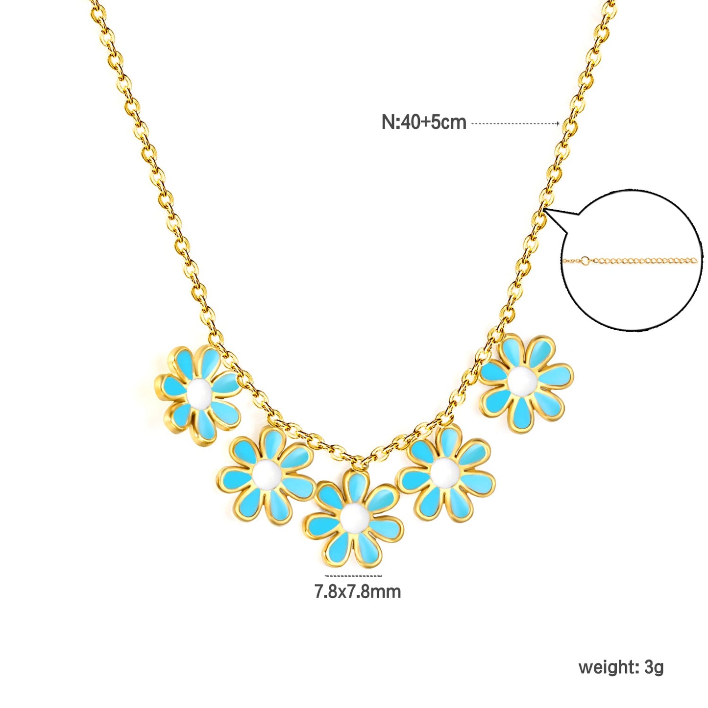 7.8mm six-petal flower white/purple/blue oil drip accessories 0.3 cross chain *40+5cm+6mm round plate necklace gold color asonjewelry