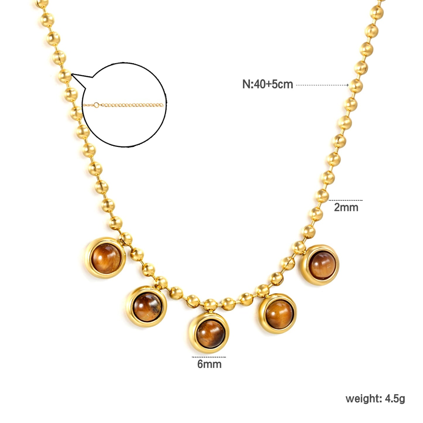 6mm round tiger's eye stone accessories 2mm bead chain *40+5cm+6mm round plate necklace Golden asonjewelry