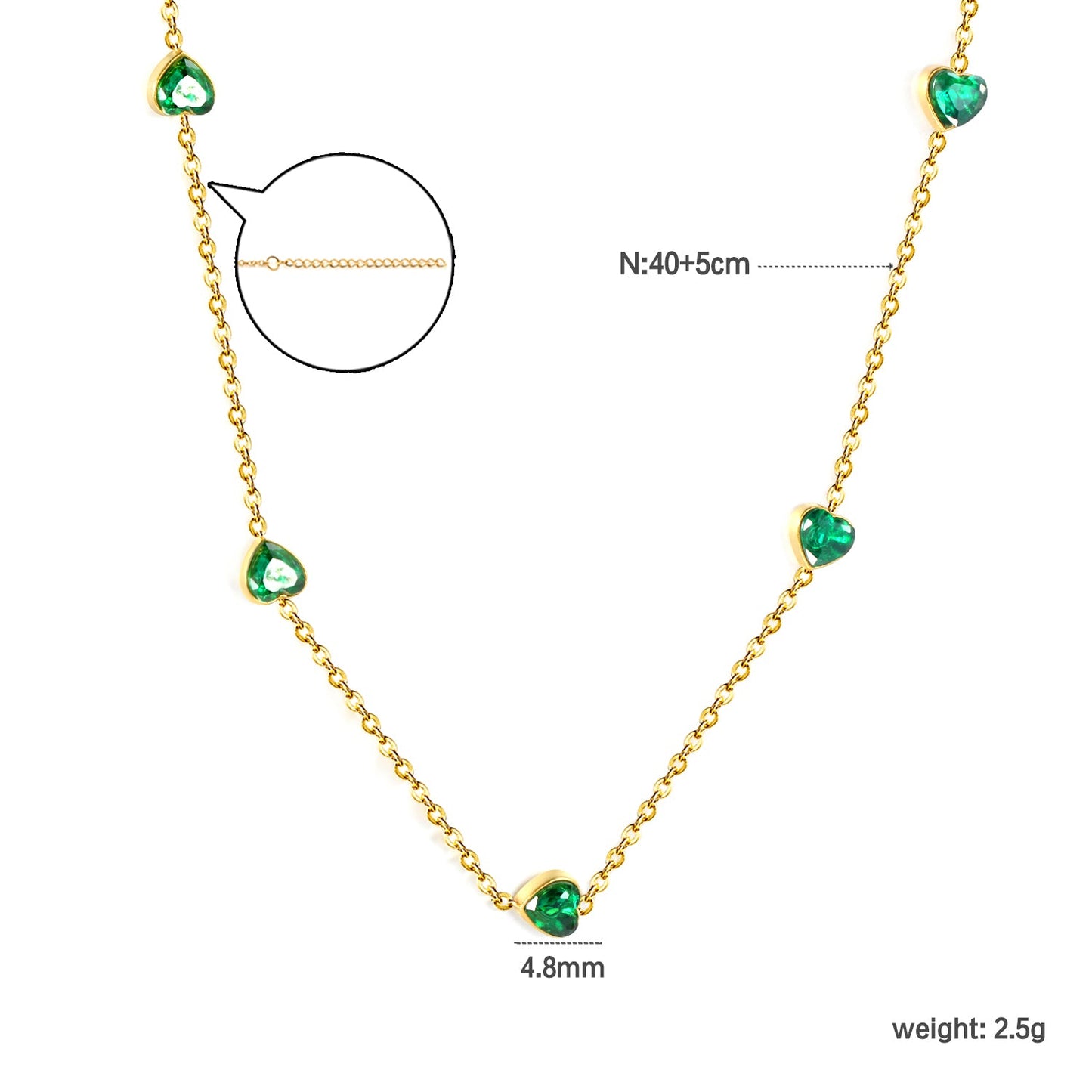 4.8mm Heart Emerald Zirconia Accessories 0.3 Cross Chain*40+5cm+6mm Round Plaque Necklace Gold asonjewelry