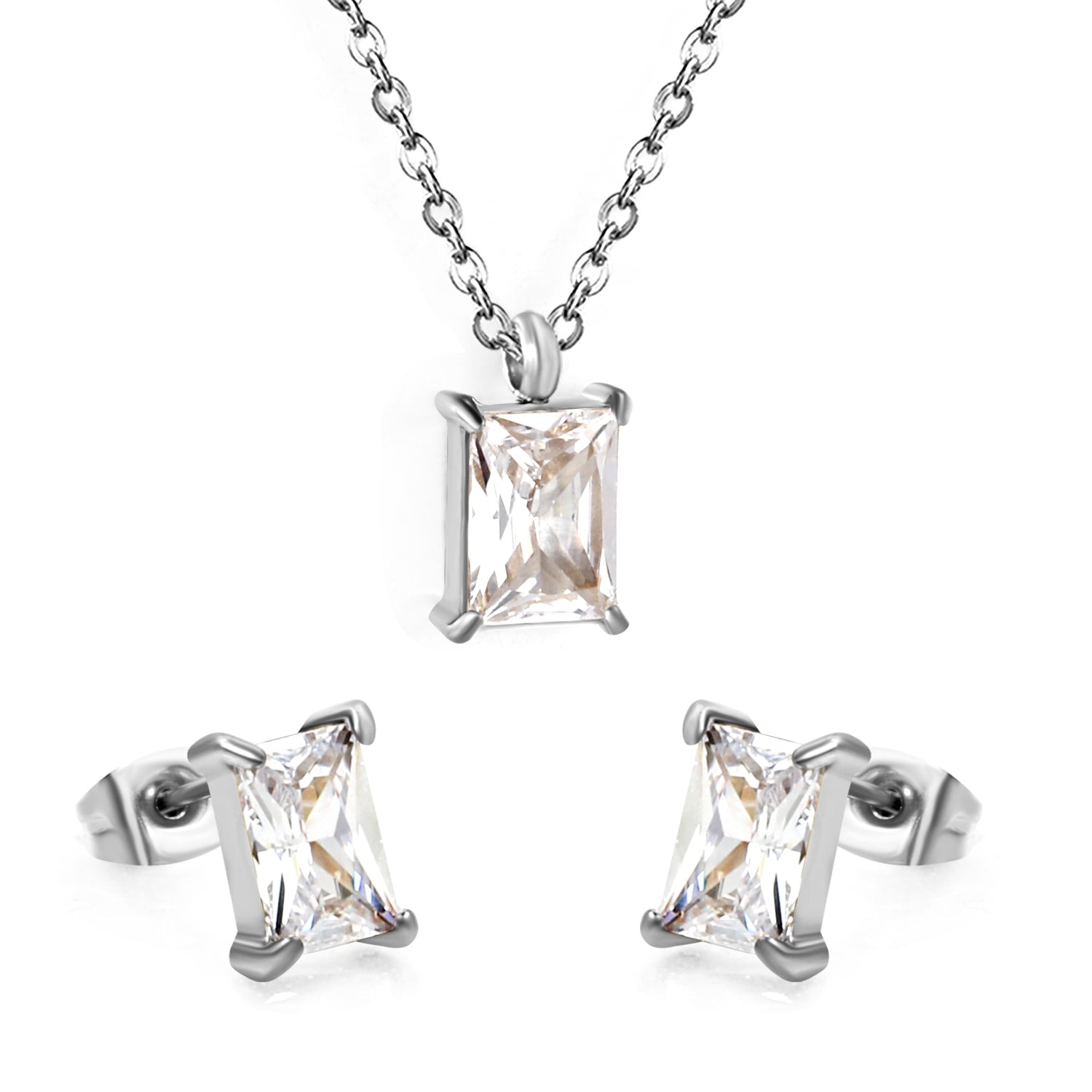 Rectangular White Zircon Set Gold/Steel Earrings: 5*7mm Pendant: 5*7mm 0.3mm Cross Chain 40+5cm + 6mm Round Tag asonjewelry