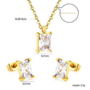 Rectangular white zirconium set Gold-colored earrings:5*7mm Pendant:5*7mm 0.3 cross chain*40+5cm+6mm round plate