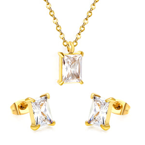 Rectangular white zirconium set Gold-colored earrings:5*7mm Pendant:5*7mm 0.3 cross chain*40+5cm+6mm round plate