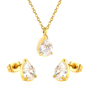 Teardrop white zirconium set Gold-colored earrings:6.1*9.4mm Pendant:6.1*9.4mm 0.3 cross chain*40+5cm+6mm round plaque
