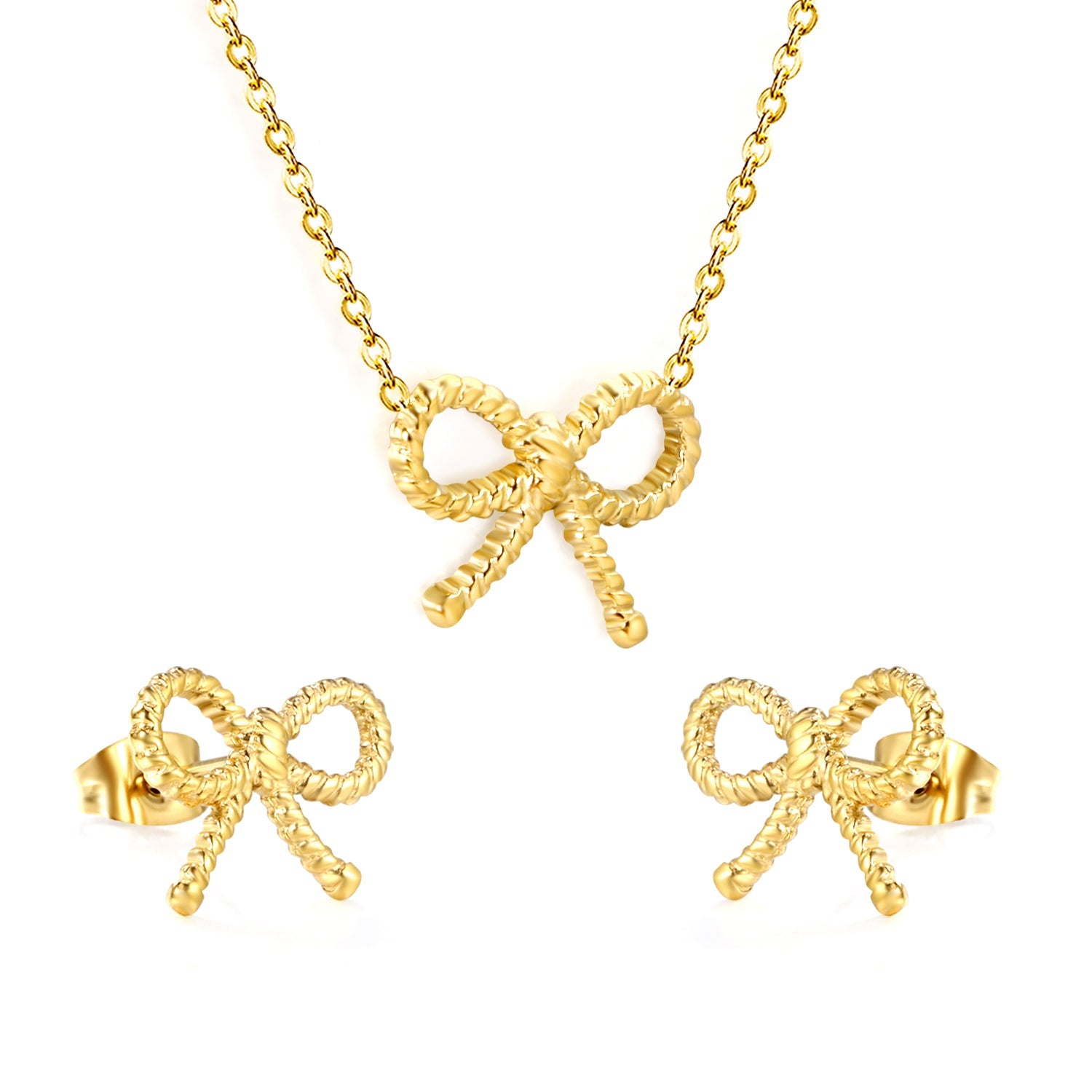 Bow Set Steel Color Earrings:13.2*11.2mm Necklace:13.2*11.2mm0.3 Cross Chain*40+5cm+6mm Round Plaque asonjewelry