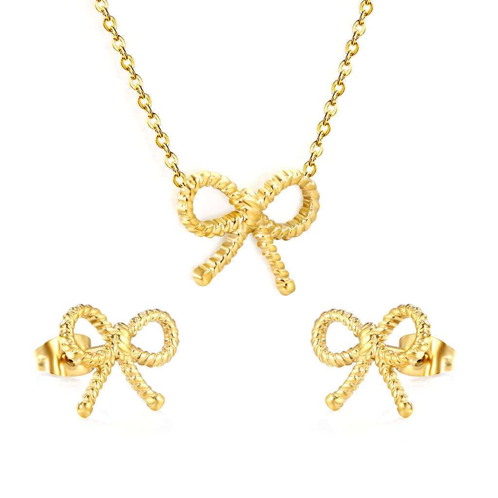 Bow Set Steel Color Earrings:13.2*11.2mm Necklace:13.2*11.2mm0.3 Cross Chain*40+5cm+6mm Round Plaque