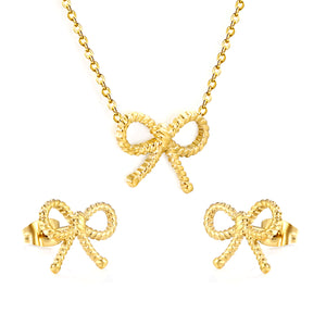 Bow Set Steel Color Earrings:13.2*11.2mm Necklace:13.2*11.2mm0.3 Cross Chain*40+5cm+6mm Round Plaque