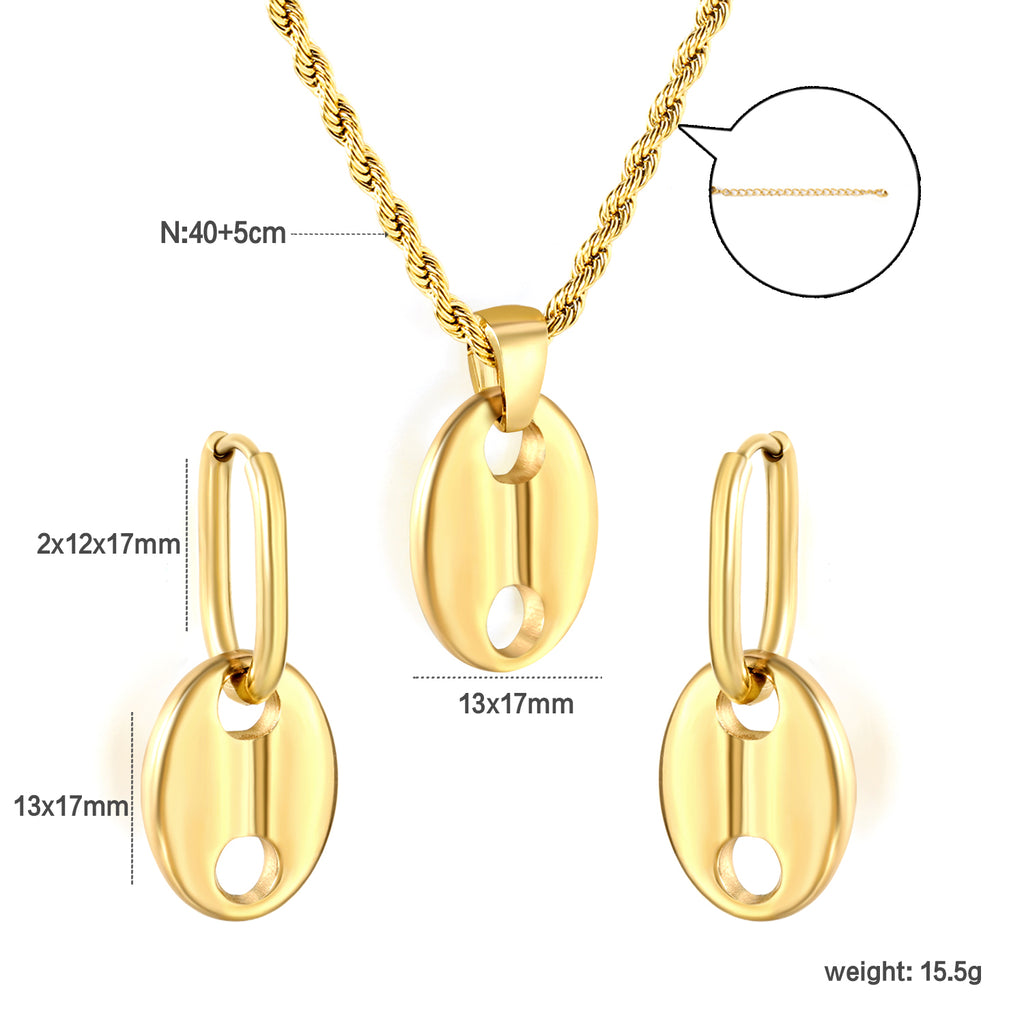 Pig nose set Golden oval wire ear clips: wire 2 * 12 * 17mm Earrings: 13 * 17mm Pendant: 13 * 17mm 2.0 twist chain * 40 + 5cm + 6mm round plate