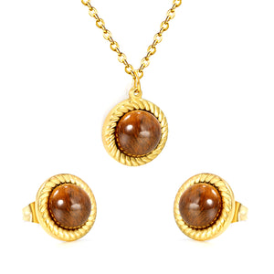 Tiger's Eye Set Gold-colored earrings:11.6mm Pendant:11.6mm 0.3 cross chain*40+5cm+6mm round plaque