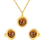 Tiger's Eye Set Gold-colored earrings:11.6mm Pendant:11.6mm 0.3 cross chain*40+5cm+6mm round plaque