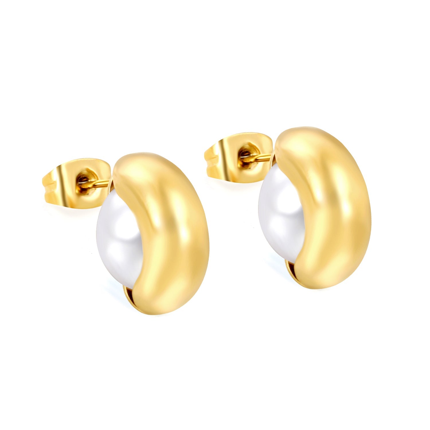 6*14mm semi-curved hoop with 10mm semi-white rubber bead earrings Gold color asonjewelry