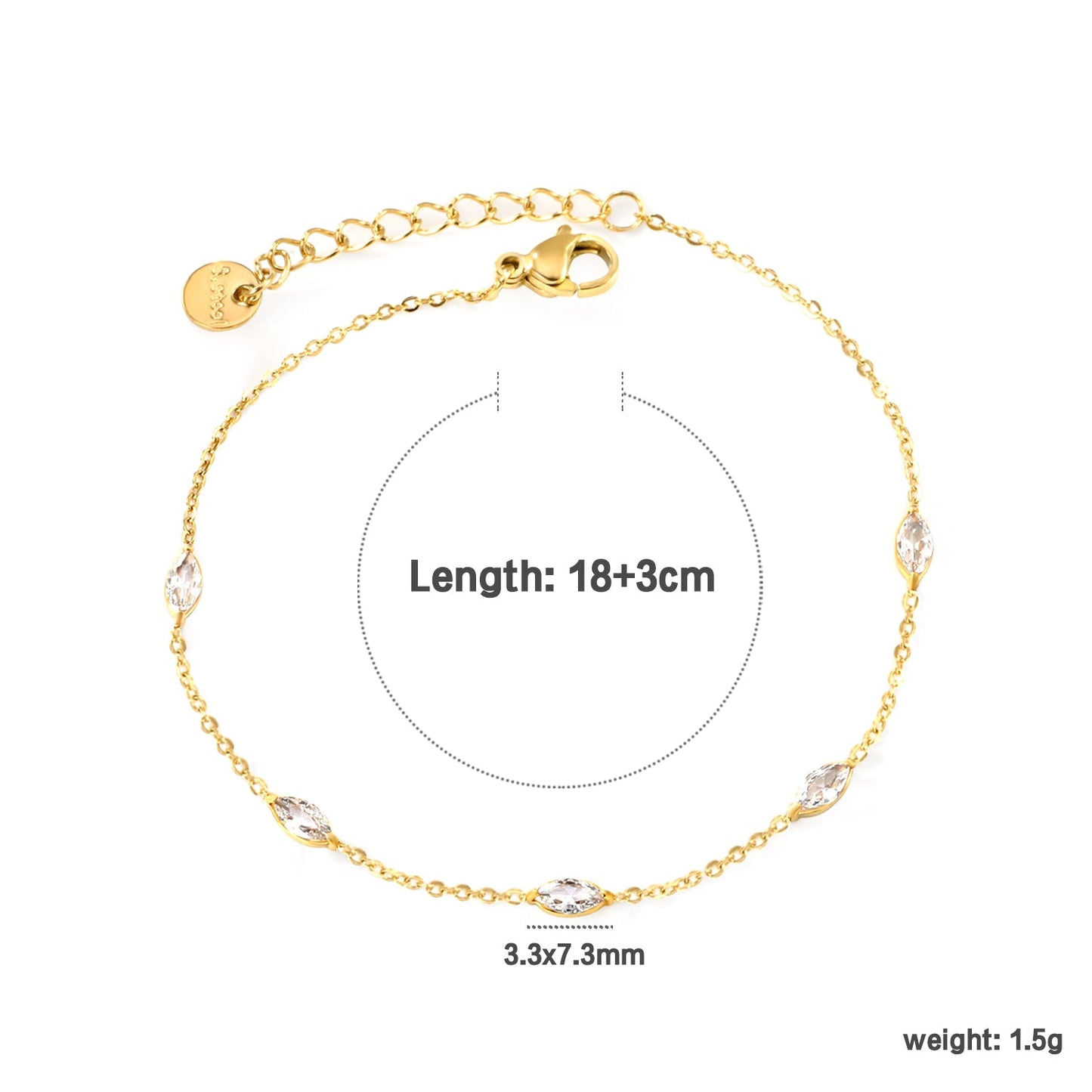 3.3*7.3mm Horse Eye White Zirconium Accessories 0.3 Cross Chain*18+3cm+6mm Round Plaque Bracelet Golden asonjewelry