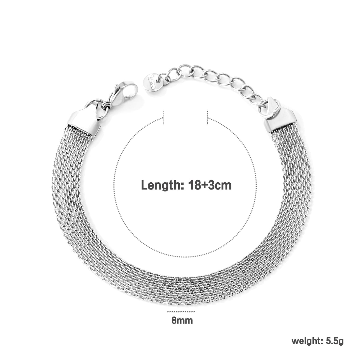 Width 6mm/8mm*Thickness 1mm Flat Mesh Bracelet 18+3cm+6mm Round Tail Plate Gold/ Steel asonjewelry