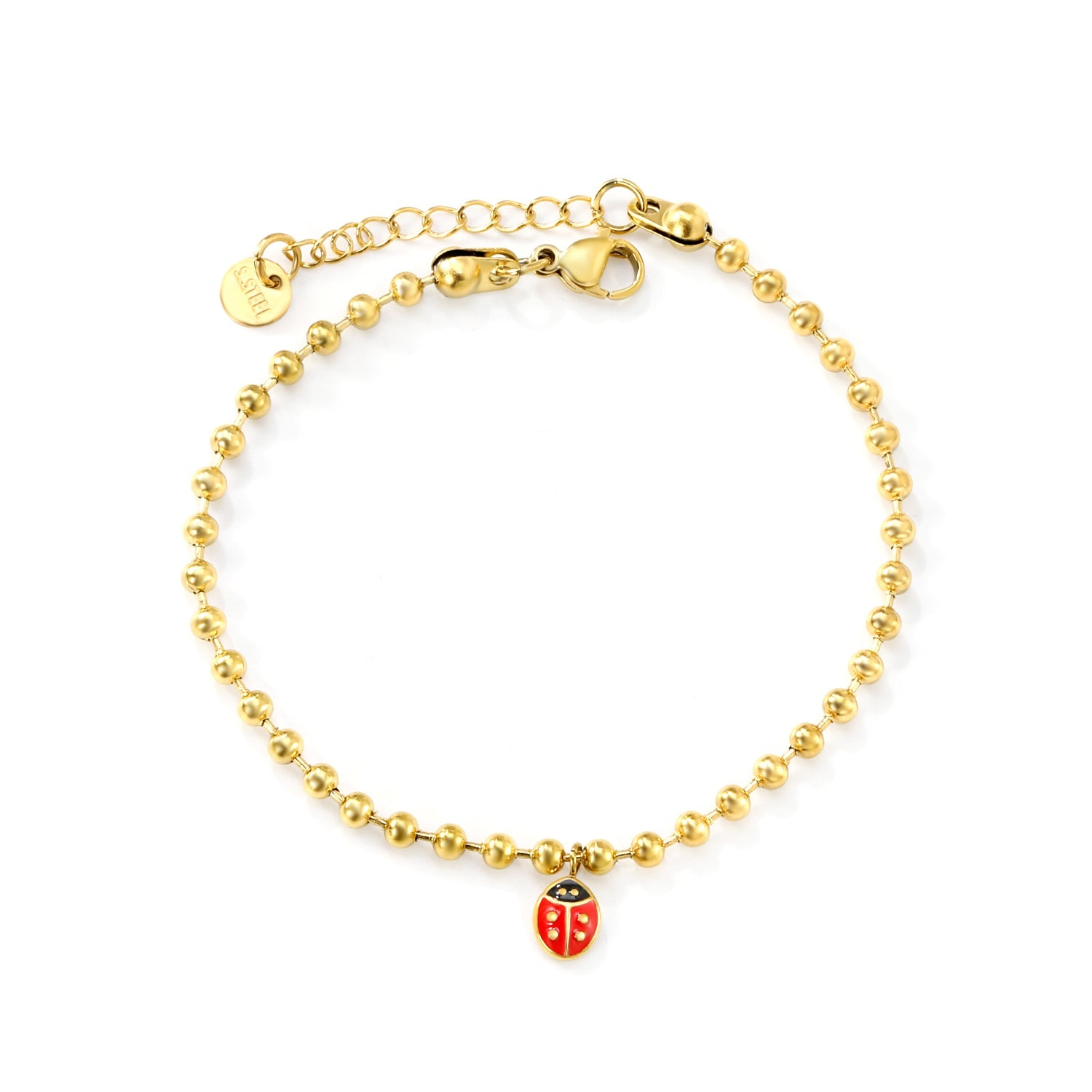 6*7.6mm Ladybird Accessories 3.0 Bead Chain*18+3cm+6mm Round Plaque Bracelet Golden asonjewelry
