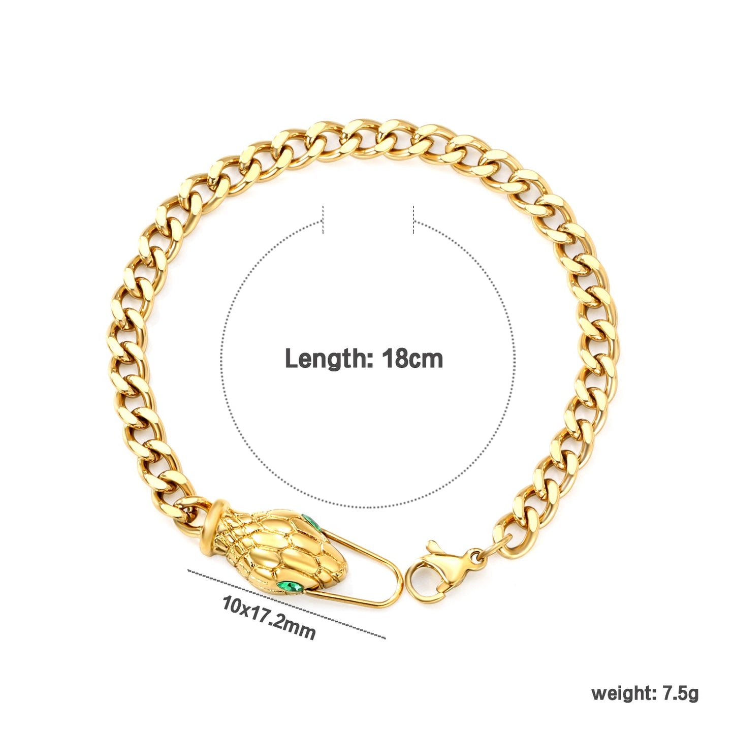 10*17.2mm Snake Head Sticky Emerald Zirconium Fittings 18cm Bracelet Gold Color asonjewelry