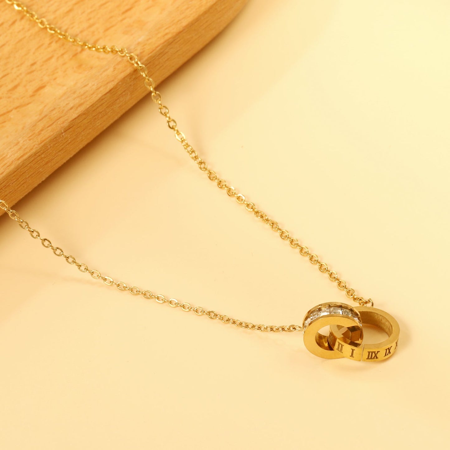 Double Circle Pendant with Diamonds + Roman Numerals Necklace 44+5cm Gold Color asonjewelry