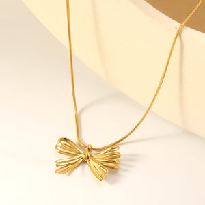 30*18.5mm bow pendant 1.2mm round snake*45+5cm+6mm round plate necklace gold color